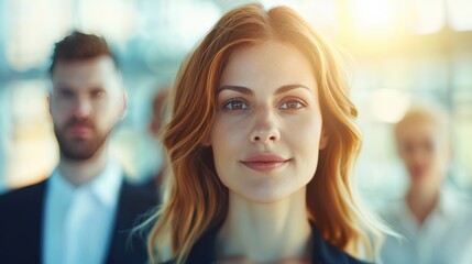 A confident business team standing together in a modern office lobby, symbolizing unity and professionalism. The photo offers generous copy space for highlighting company values or promotional