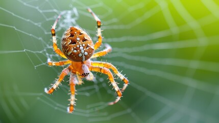 A bright and colorful spider with a patterned back resting on its web against a soft green background, exhibiting the intricate design and beauty of nature's architecture.