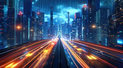 Naklejka premium Futuristic cityscape with glowing lights and fastmoving traffic trails