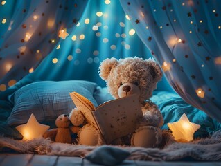 Cozy Bedtime Story with Plush Toys and Warm Lighting
