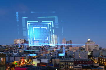 San Francisco cityscape at dusk with a blue holographic projection over it, depicting future technology concept. Double exposure