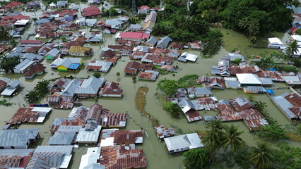 Fototapeta premium Aerial view of flooded area in Tualango village, Gorontalo, Indonesia