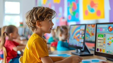 Bright and Colorful Classroom with Kids Engaged in Fun Learning Activity Using Interactive Tools and Educational Games