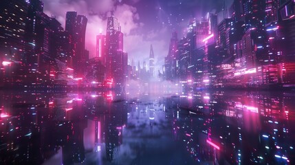 Fototapeta premium Futuristic cityscape with vibrant neon lights reflecting on a tranquil river