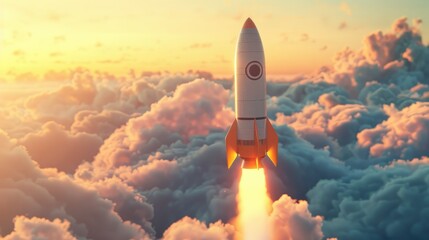 Rocket ship blasting off into the stratosphere above the clouds