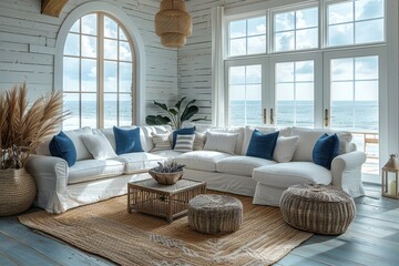 Coastal Living Room A beach-inspired living room with white and blue decor, wicker furniture, and nautical accessories. Include a large window with a view of the ocean. 