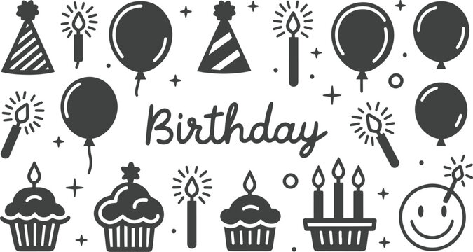 Birthday elements vector line art set icons  silhouettes style with white background 