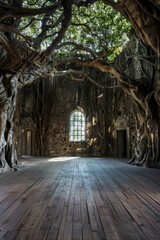 Naklejka premium An empty stage inside a giant, ancient tree, with wooden floors and walls, natural light filtering through leaves, and roots and branches intertwining.