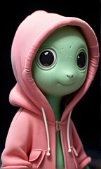 A small, white, cartoonish figure wearing a pink hoodie and smiling