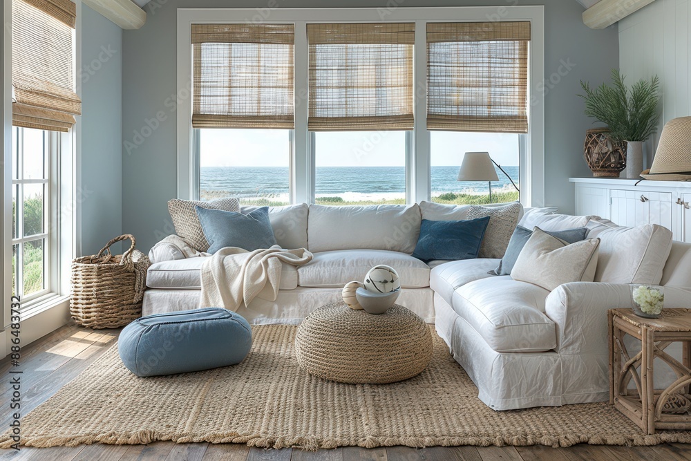 Wall mural coastal living room a beach-inspired living room with white and blue decor, wicker furniture, and na