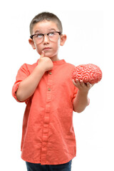 Dark haired little child with glasses holding a brain serious face thinking about question, very...