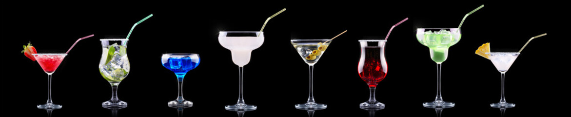 Different alcohol cocktails like beer, martini, soda, champagne, whiskey