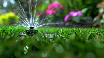 Green Lawn with Modern Sprinkler System: Automatic Irrigation Showcase for Smart Home Gardens