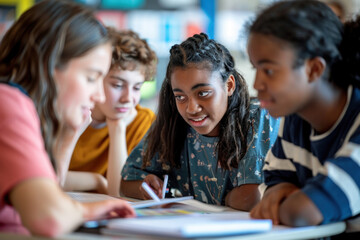 Group of high school students are working together in the school library with their teacher
