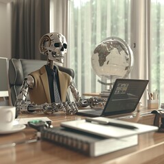 Professional AI Humanoid Analyzing Digital Marketing Data at Modern Desk