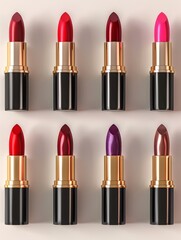 Obraz premium A collection of eight vibrant lipsticks in various shades displayed in a neat arrangement, perfect for beauty and makeup themes.