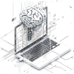 AI Working on Digital Marketing with Laptop on White Background