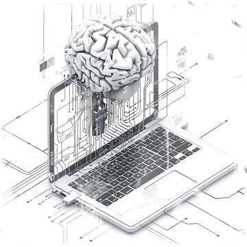 AI Working on Digital Marketing with Laptop on White Background