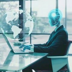 Professional AI Humanoid Analyzing Digital Marketing Data at Modern Desk