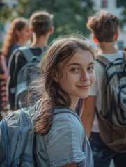 Fototapeta premium Young woman stands amidst a group of people, wearing a backpack, conveying a sense of adventure or travel