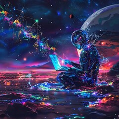 Futuristic AI Humanoid Creating Digital Art on a Colorful Alien Landscape