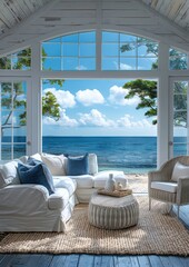 Fototapeta premium Coastal Living Room A beach-inspired living room with white and blue decor, wicker furniture, and nautical accessories. Include a large window with a view of the ocean. 