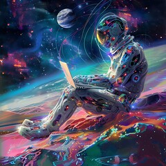 Futuristic AI Humanoid Creating Digital Art on a Colorful Alien Landscape