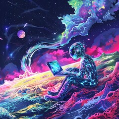 Futuristic AI Humanoid Creating Digital Art on a Colorful Alien Landscape