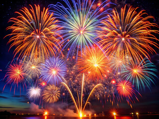 fireworks in the night sky, celebration, firework, night, holiday, fire, explosion, festival, new, sky, pyrotechnics, year, party, colorful, light