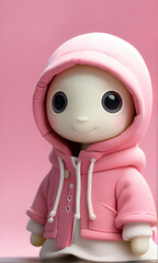 A small, white, cartoonish figure wearing a pink hoodie and smiling