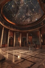 Obraz premium An empty stage in a celestial observatory, with a domed ceiling showing constellations, a polished marble floor, and telescopes pointed at the night sky
