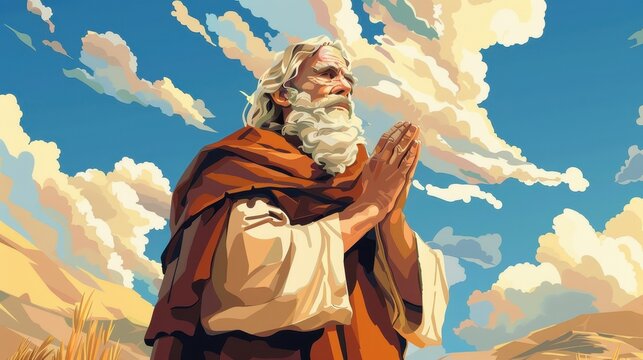 Exodus : Moses praying with intensity, detailed flat design Biblical illustration perfect for religious educational materials and inspirational content