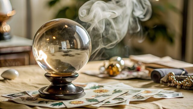 A blue crystal ball resting on a table. fortune telling ball, tarot cards on the table with crystals. Blurred background.