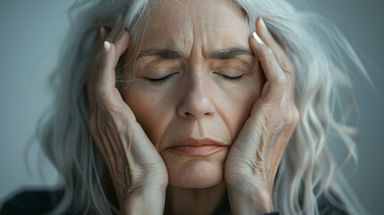 60-year-old woman with long gray hair with headache and cold. Concept: disease, symptoms