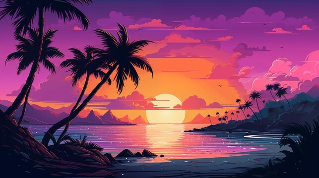 Stunning synthwave tropical sunset beach landscape 2D illustration. Palm trees, sky with vibrant hues flat cartoon image colorful scene. Picturesque and serene coastal wallpaper art