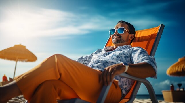 Indian male smiling under sun with sunglasses on lounge chair portrait image. Guy in blue pattern shirt, orange pants picture photorealistic photography. Summer concept photo realistic