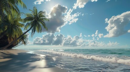 A beach with palm trees, a sunny day.