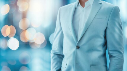 A business professional standing in a bright office, exuding confidence and eminence, with ample copy space for adding personalized text or graphics.