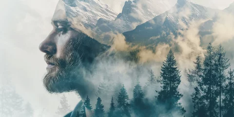 Double exposure combines a man's face, mountains and forest, Concept of nature and man working together.  © theevening