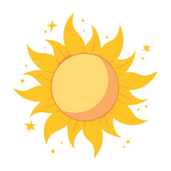 Yellow summer sun symbol for design. Flat cartoon style. Vector illustration isolated on white background.
