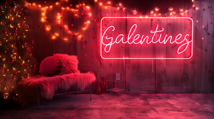 pink red neon Galentines sign glowing heart lights cozy modern decor friends celebration party lounge banner concept restaurant venue decoration hire business promo club bar event campain