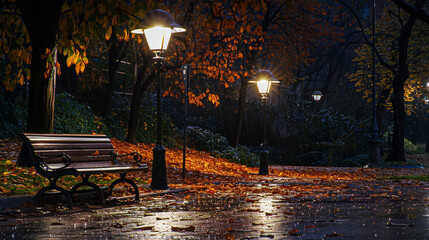 Nighttime in an urban park in autumn, street lamps casting a soft glow on the colorful leaves and raining