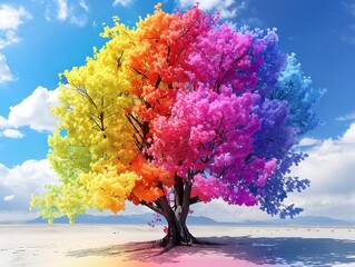 Rainbow-colored tree in full bloom representing growth diversity and the vibrant life of the LGBTQ community
