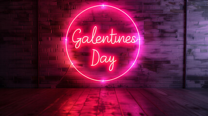 Glowing pink neon Galentines Day circle sign glowing dark brick wall vibrant friends celebration party lounge banner concept anti-Valentine social media idea promo modern girls vibe trendy background 