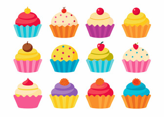 A variety of  cupcakes, each decorated with different frosting and toppings, are arranged in a grid