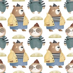 seamless pattern with animals sailors, decor elements. colorful illustration, flat style. design for fabric, textile, print, wrapper.