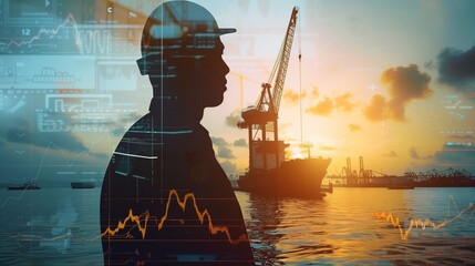 Trader's Silhouette Overlaid with Port Crane, Illustrating Market Trends and Maritime Trade, Great for Economic Blogs,