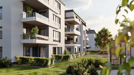 Fototapeta premium Modern apartment complex with green lawns and contemporary architecture