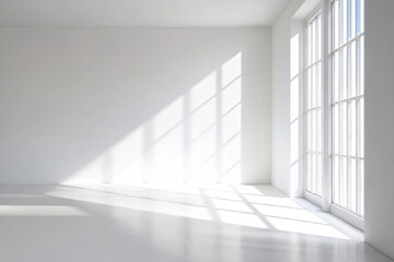 Fototapeta premium Sunlight shines through windows of an empty room, casting shadows on the floor