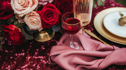 Wedding and event celebration tablescape with flowers, formal dinner table setting with roses and wine, elegant floral table decor for dinner party and holiday decoration, home styling idea